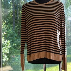 Eileen Fisher Silk Sweater Knit Top Stripe Pullover Boxy Tencel Black Tan
